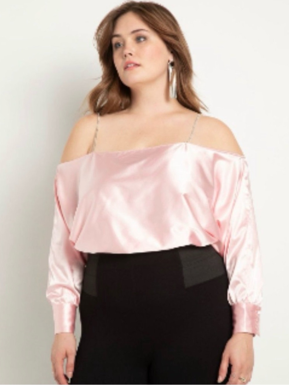 Plus Satin Off-Shoulder Top with Chain Straps - Pink